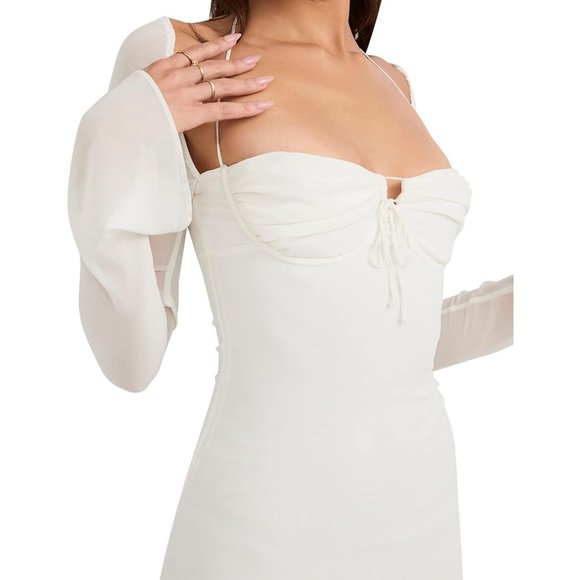 Women's White Mesh Long Puff Sleeve Mini Bodycon Sweet Neck Dress - Picture 5 of 8